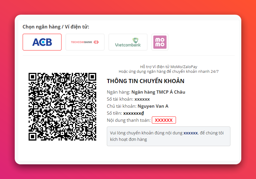 Giao diện thanh toán ngân hàng ACB